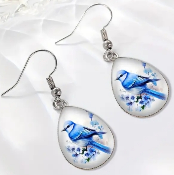 Animal Print Blue Bird White Teardrop Crystal Glass Gift Earrings - Picture 2 of 6